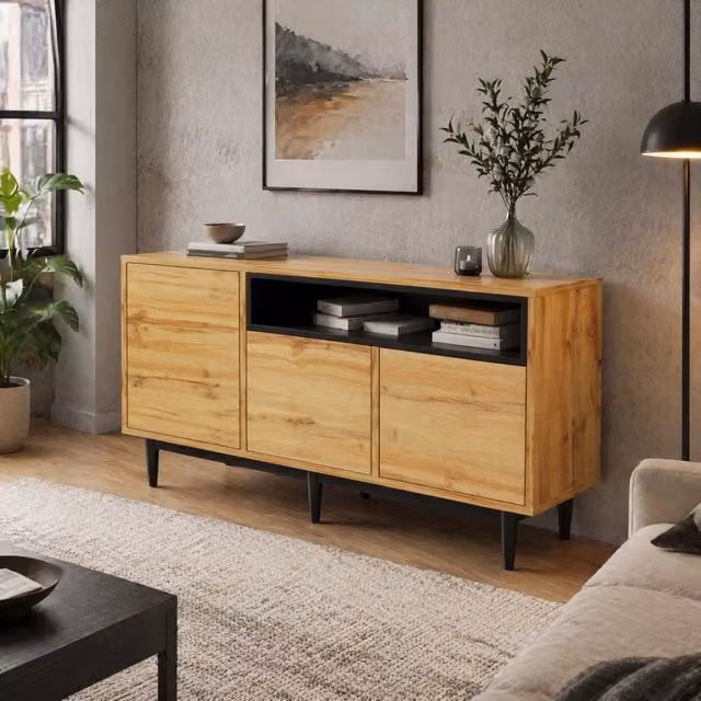 Credenza moderna in legno marrone con tre ante e ripiani, L: 160 cm, P: 35 cm, H: 76 cm – 1