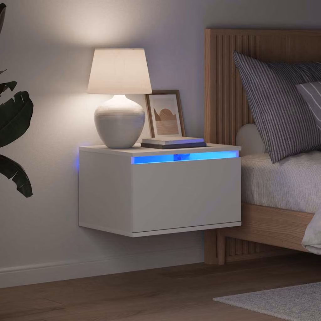 Set di 2 comodini da parete vidaXL con luci LED integrate, bianchi, design moderno in legno MDF