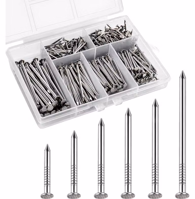 Set di 480 chiodi in acciaio inossidabile 304, disponibili in 6 diverse dimensioni, ideali per appendere quadri e altri oggetti a parete, con scatola di conservazione