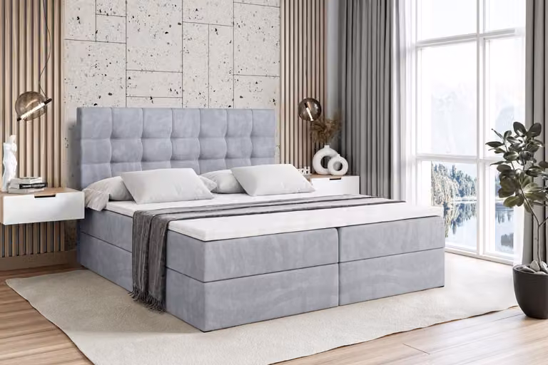 Letto boxspring ALTDECOR con materasso e rete a doghe - BERO - 200x200 cm - Grigio Monolith - Letto boxspring, topper, letto imbottito con contenitore, letto con vano portaoggetti H4 - Materasso, letto matrimoniale, letto boxspring