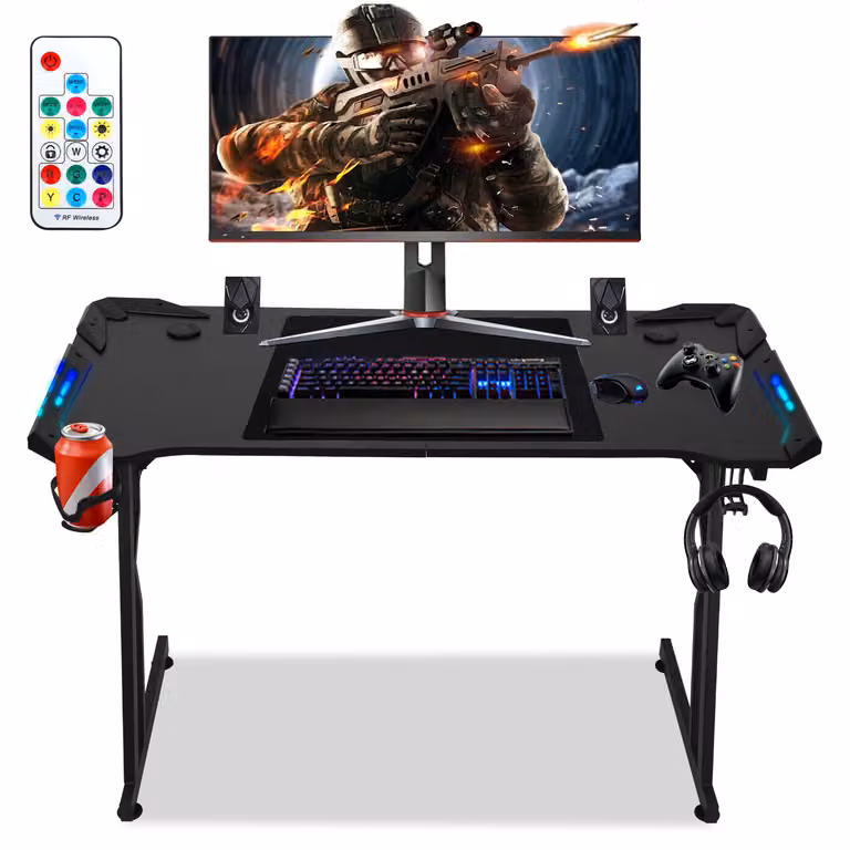 Clanmacy 140 x 60 cm scrivania da gioco con tappetino per mouse, LED, scrivania da gioco, scrivania per PC scrivania per computer con gancio per cuffie nero