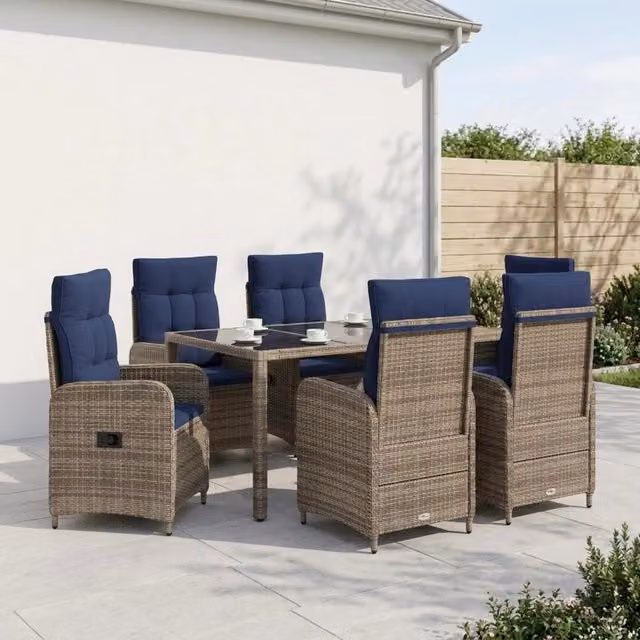 Set da pranzo per esterni moderno vidaXL in polyrattan marrone con tavolo in vetro e 7 pezzi – 1