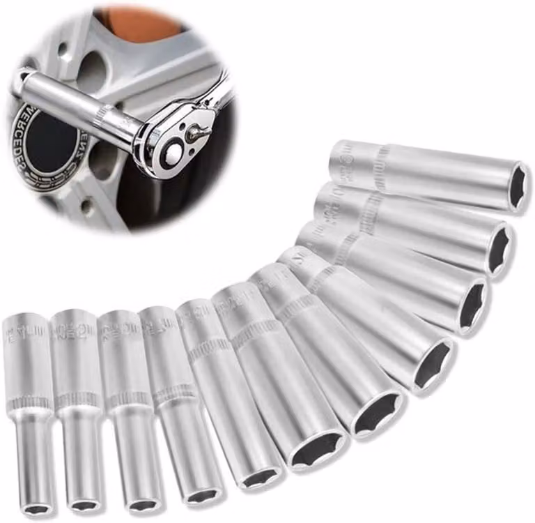 Set completo di 11 chiavi a bussola con esagono interno da 1/4 di pollice, con misure da 4 a 13 mm - Bussola lunga con finitura cromata opaca - A 6 lati