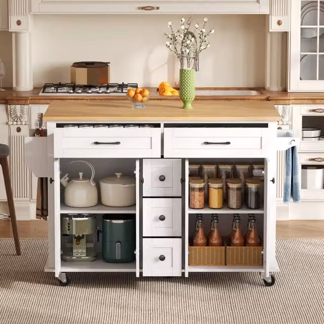 Carrello da cucina con 5 cassetti, 2 ante e ripiani regolabili, con portaspezie e portasciugamani, 140 × 40 × 89 cm