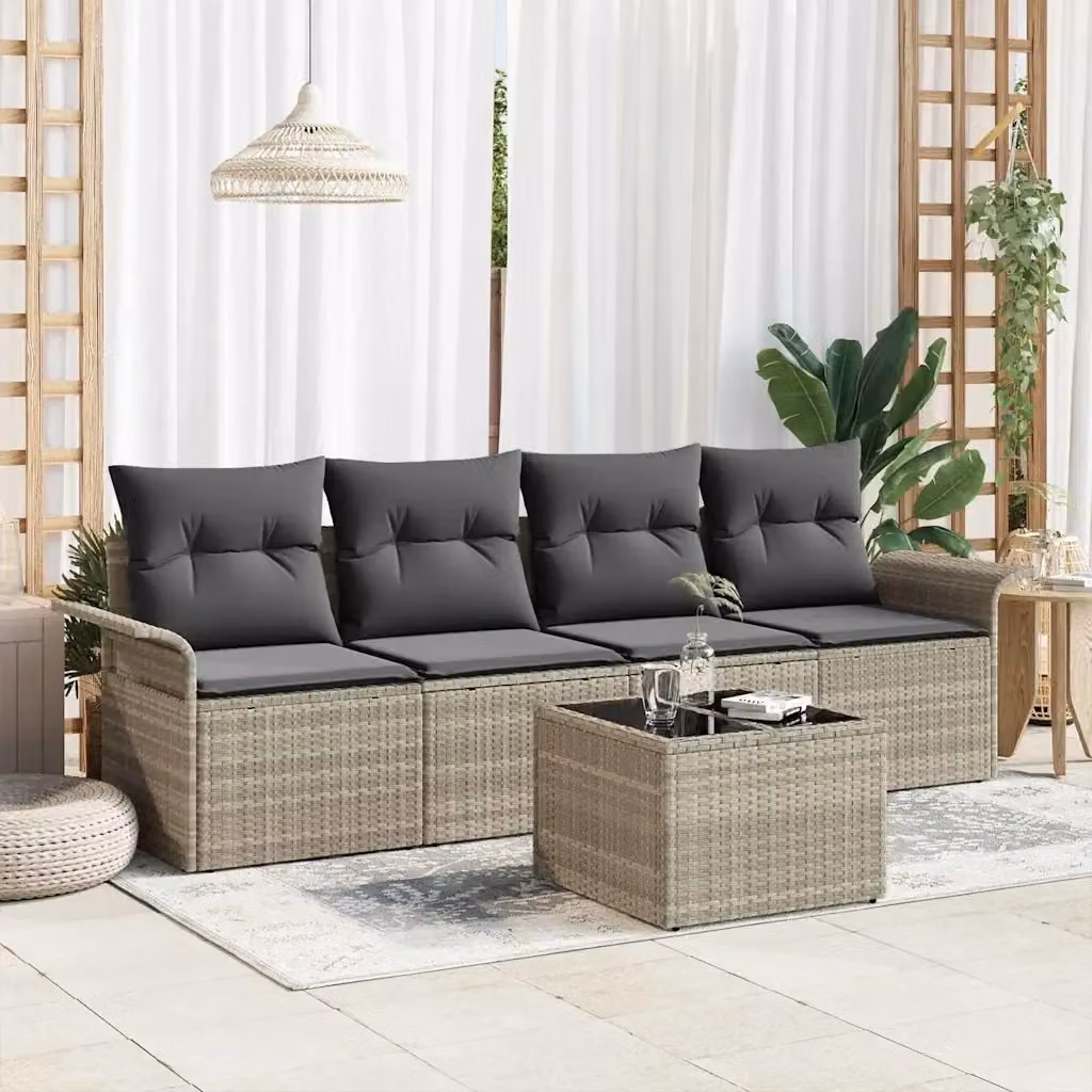 Set da giardino moderno DESIGN IN in polyrattan grigio con divano a 3 posti, elemento angolare, pouf e tavolino da esterno con cuscini inclusi – 2