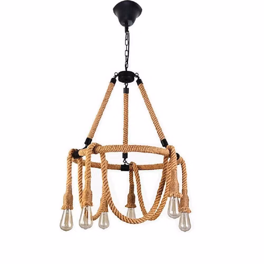Lampadario Vintage Trade Shop con 6 Portalampada E27 in Metallo e Corda di Canapa, Stile Country Retro, Colore Marrone e Nero – 2