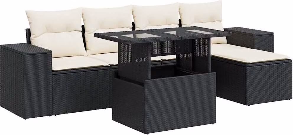 Set Divano da Giardino 6 pz con Cuscini Nero in Polyrattan