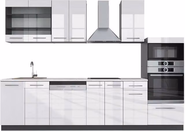 Cucina componibile moderna Vicco Fame-Line Bianco lucido e Antracite con armadio alto e piano in marmo, L: 300 cm