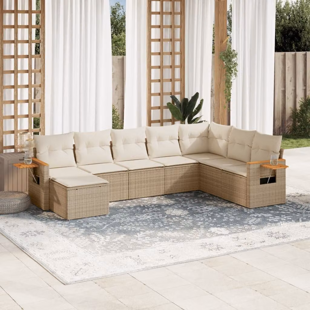 vidaXL Set Divano da Giardino a L 8 pz in Polyrattan con Cuscini Beige e Ottoman – 1