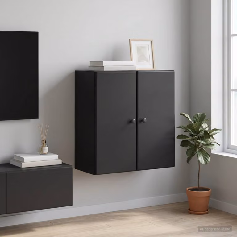 vidaXL Mobiletto a muro moderno in legno e metallo nero con ante a battente L/P/H: 59 x 31 x 60 cm