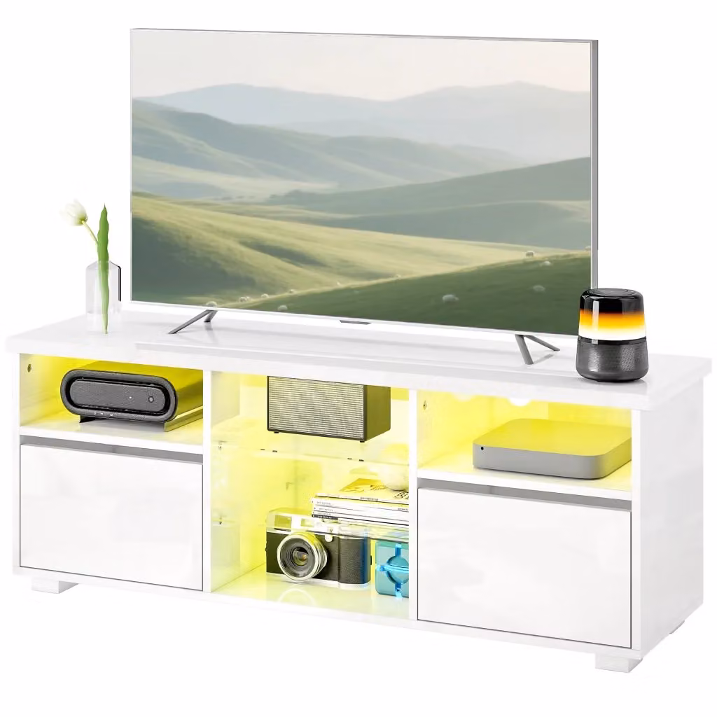 Mobile TV moderno XYLO bianco con illuminazione LED integrata e vetro, L: 120 cm, P: 34 cm, H: 45 cm – 2