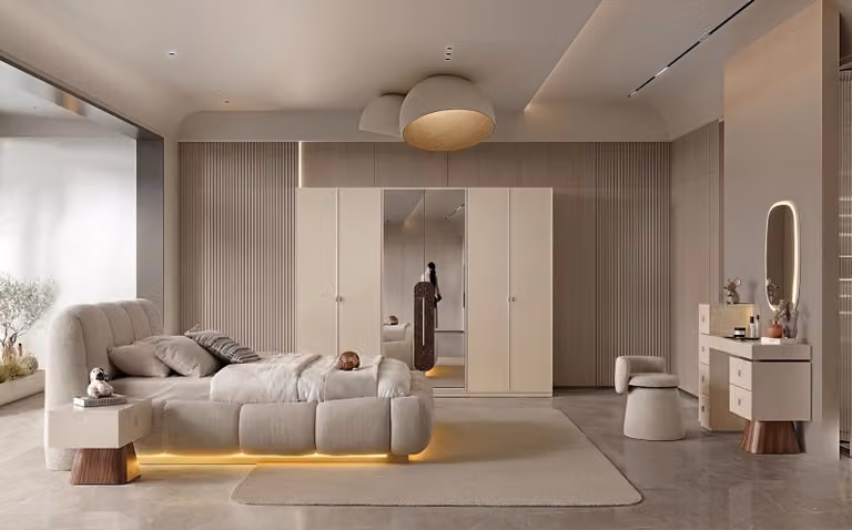 Set per camera da letto: letto, armadio, 2 comodini, tavolino da trucco, design moderno, colore beige