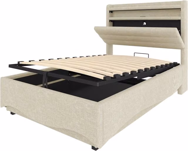 Letto imbottito 90 x 200 cm in lino beige con illuminazione LED, meccanismo idraulico e porte USB/Tipo-C