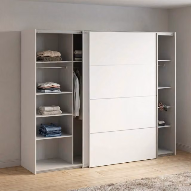 Armadio con ante scorrevoli DMORA per camera da letto, colore bianco opaco, L: 243 cm, P: 64 cm, H: 201,5 cm