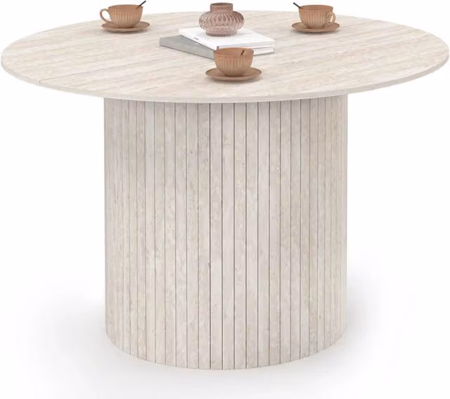Tavolo da pranzo rotondo IDMarket JULIETTE per 6 persone, stile travertino beige con gamba centrale a doghe, Diametro: 110 cm, Altezza: 75 cm – 1