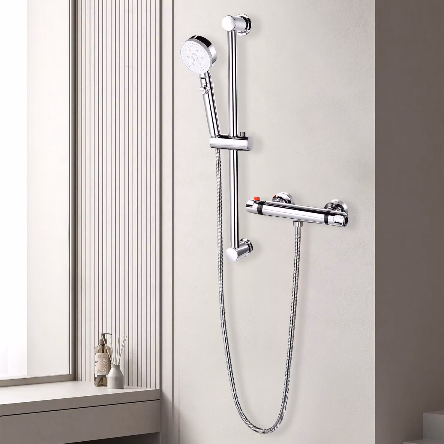 Set doccia e termostato UnboxG, cromato, con barra doccia regolabile in altezza, soffione manuale con 5 getti, protezione antiscottatura, termostato di sicurezza e tubo flessibile per doccia in acciaio inossidabile