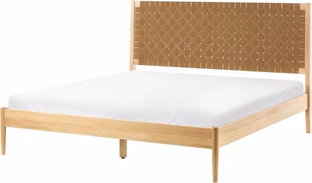 Letto minimalista con rete a doghe e testiera imbottita in legno di pino marrone chiaro 160 x 200 cm con base a doghe