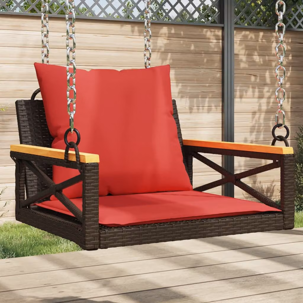 Panchina Dondolo vidaXL in Polyrattan e Legno di Acacia Oliato con Cuscini, Marrone, L: 63 cm, P: 62 cm, H: 37 cm