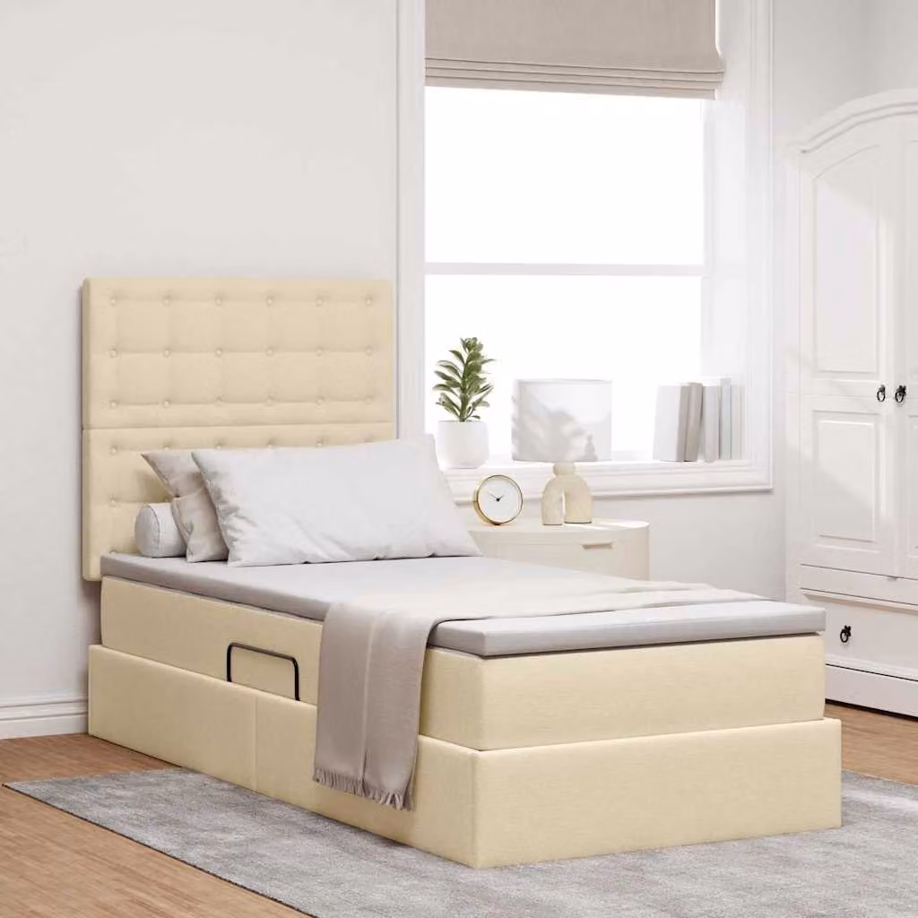 Letto con contenitore e illuminazione LED vidaXL in tessuto beige con porta USB, L/P/H: 90 x 200 x 128 cm