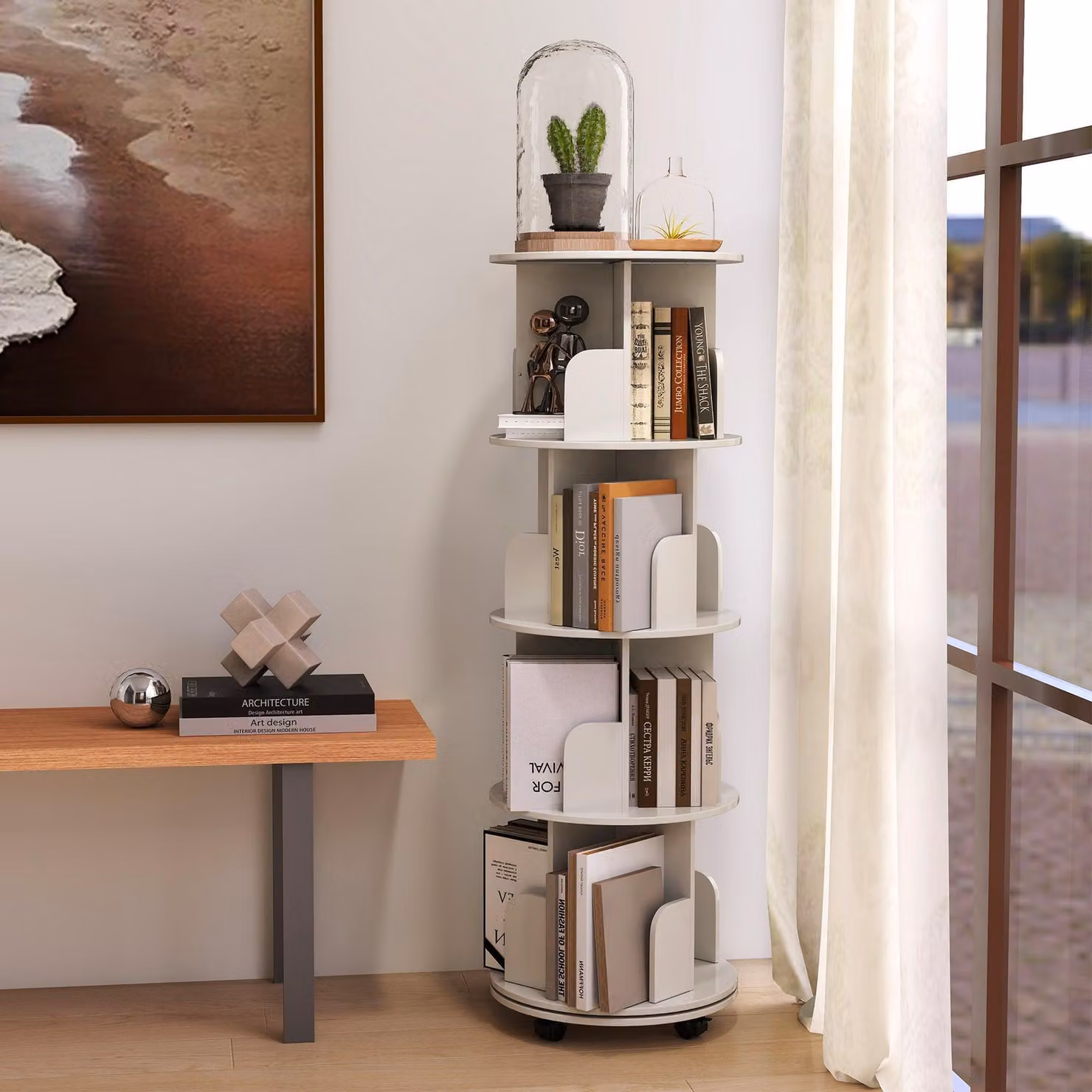 Scaffale per libri - Libreria - Scaffale a parete - Mobile libreria - Scaffale a parete - 4 ripiani - Rotazione a 360° con ruote bloccabili - Bianco, realizzato in MDF