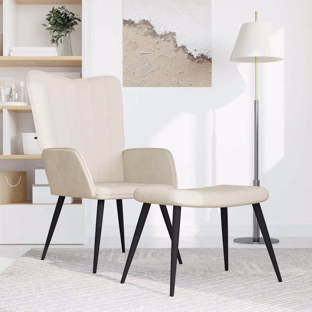 vidaXL Poltrona Relax con Sgabello in Velluto Bianco Crema con Struttura in Metallo