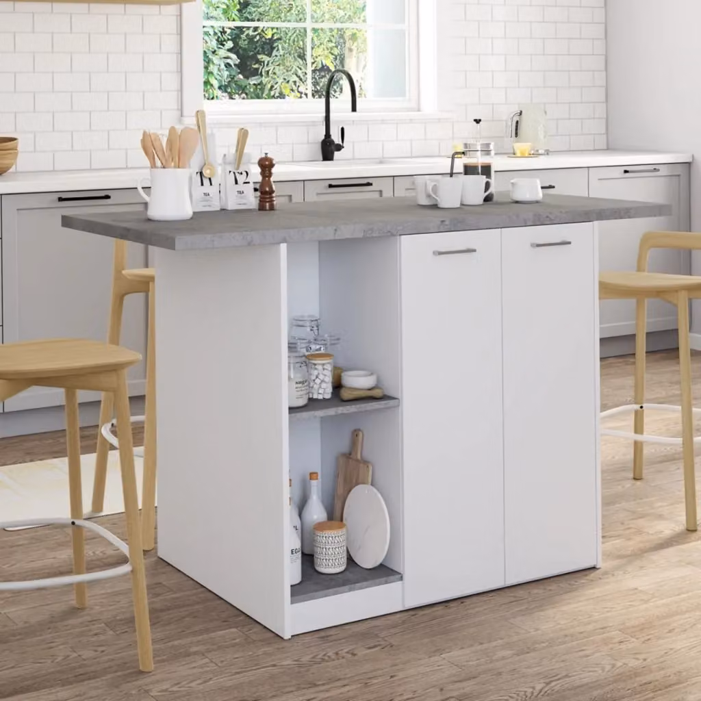 Isola centrale da cucina IDMarket BAO per 4 persone in legno bianco con piano effetto cemento grigio – 2
