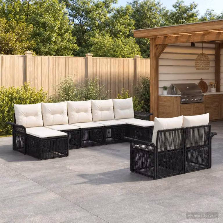Set Divano da Giardino vidaXL 9 pz Nero con Cuscini e Ottoman in Polyrattan e Acciaio