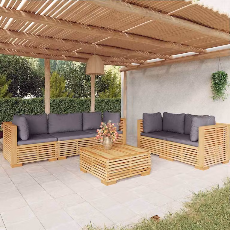 Set da giardino vidaXL in legno di teak con cuscini marroni e grigi, composto da 6 pezzi con divano a 2 posti, elementi angolari e tavolino da esterno