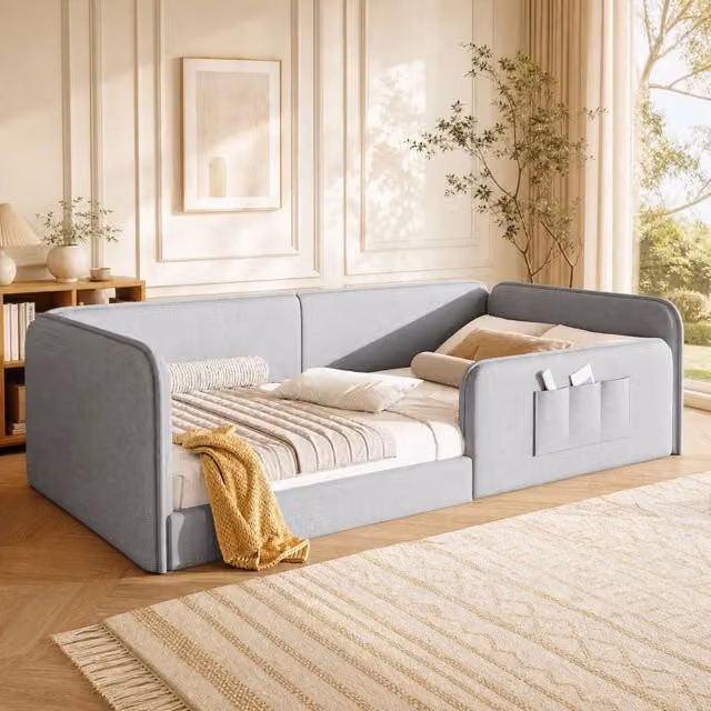 Letto imbottito 90x200 cm in lino grigio con telaio di sicurezza e tasche