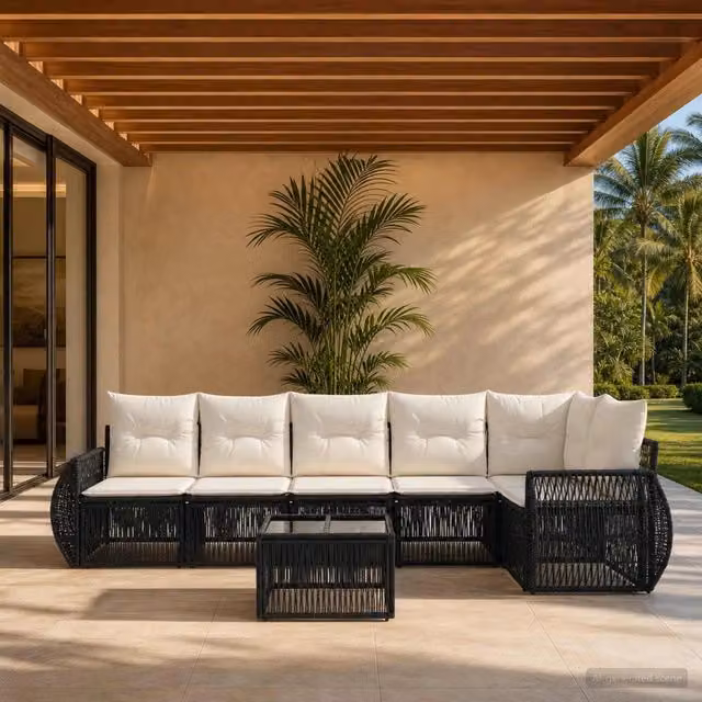 Set Divano da Giardino a L con Tavolino vidaXL, 7 Pezzi, Nero e Bianco Crema, Polyrattan e Acciaio Verniciato a Polvere con Cuscini Inclusi – 1