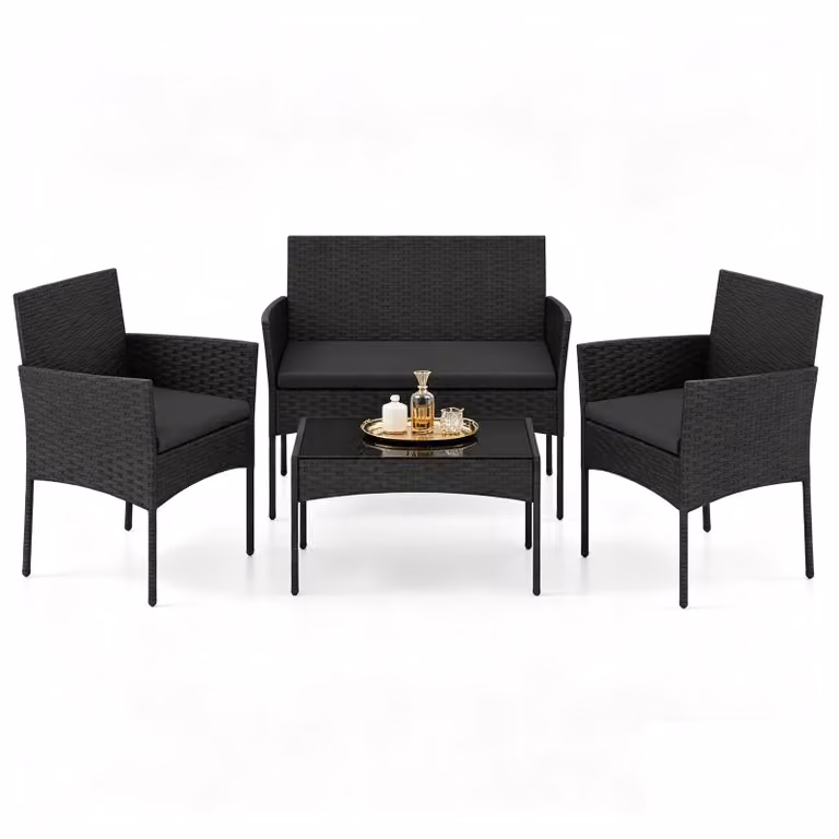 Set da giardino KOMFOTTEU, composto da 4 pezzi: un tavolino in vetro, 2 sedie e una panca. Set di sedute da esterno in rattan con struttura in metallo, dotato di cuscini imbottiti. Ideale per terrazzi, balconi, giardini e piscine