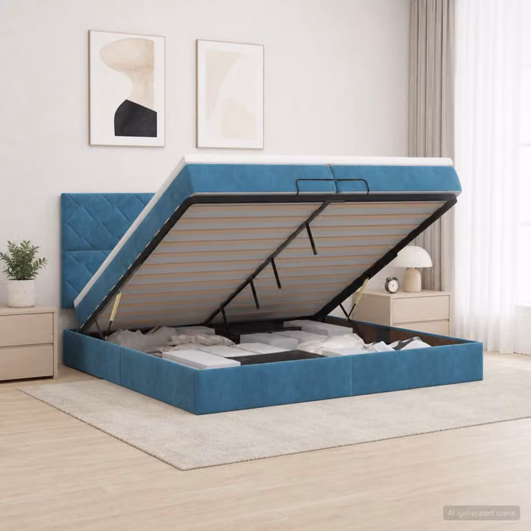 Letto ottomano con materasso vidaXL in velluto blu scuro, L 200 x P 200 x H 88 cm