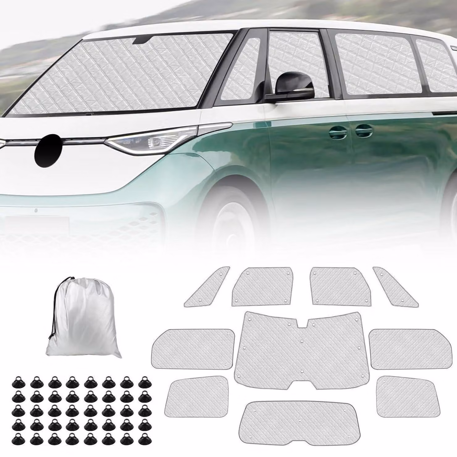 Tappetini isolanti per l'abitacolo, compatibili con VW ID Buzz a passo lungo (LWB) dal 2022 al 2026, set da 10 pezzi, per protezione solare, isolamento e privacy