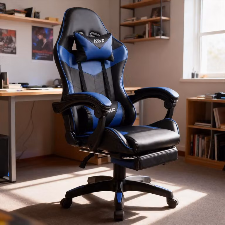 Sedia da gaming – Sedia da gaming ergonomica con poggiapiedi estraibile e rivestimento in ecopelle – Blu