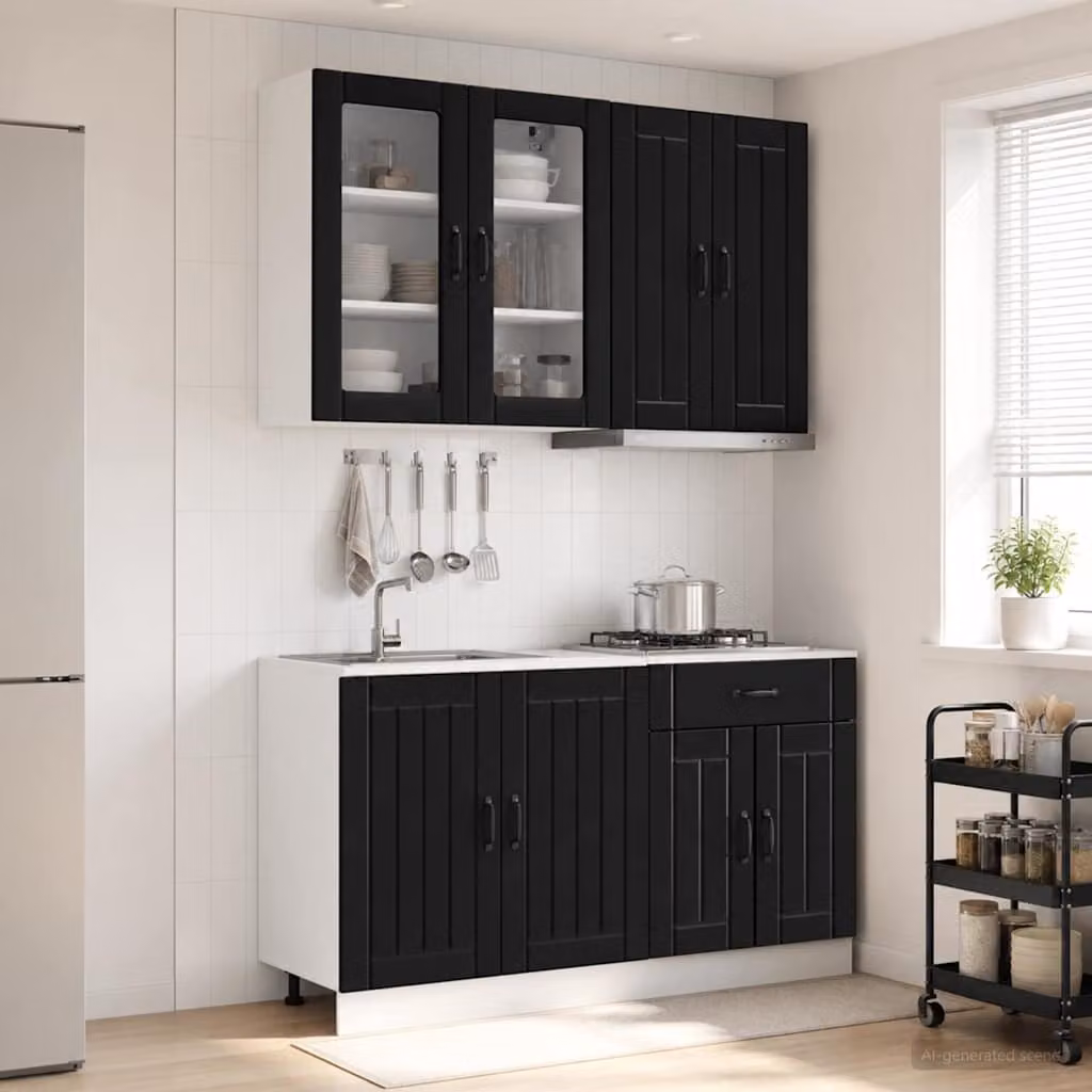 Set di 4 unità cucina moderna vidaXL LUCCA in nero con ante in vetro e ripiani aperti, montaggio a parete