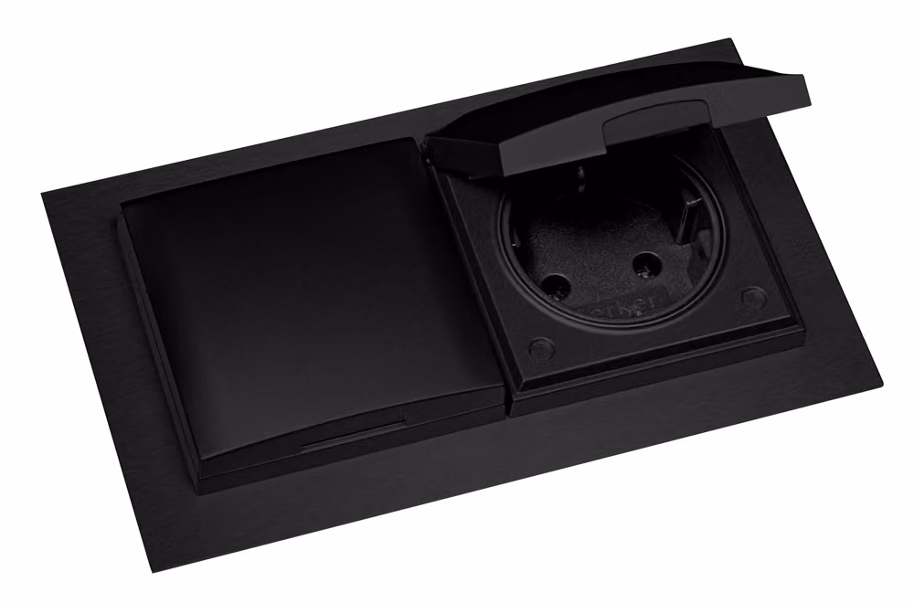 Presa THEBO a 2 vie ST 3009 ST/2 BLACK con coperchio a cerniera / Prese Schuko / Coperchio a cerniera