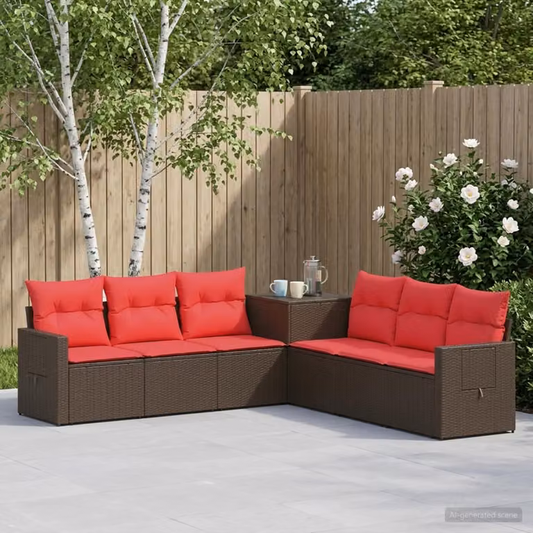 Set di divani da giardino vidaXL a forma di L composto da 7 pezzi in rattan sintetico e metallo con cuscini marroni e rossi
