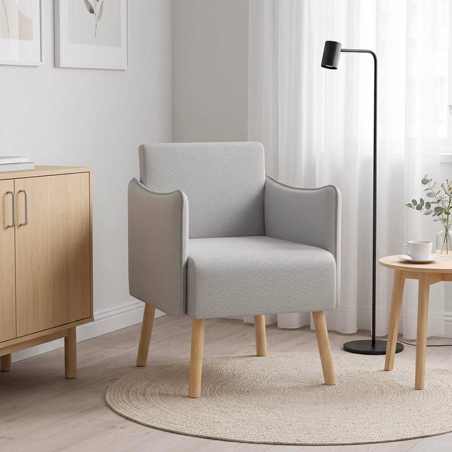 Sedia d'accento moderna vidaXL in velluto grigio con braccioli e struttura in legno