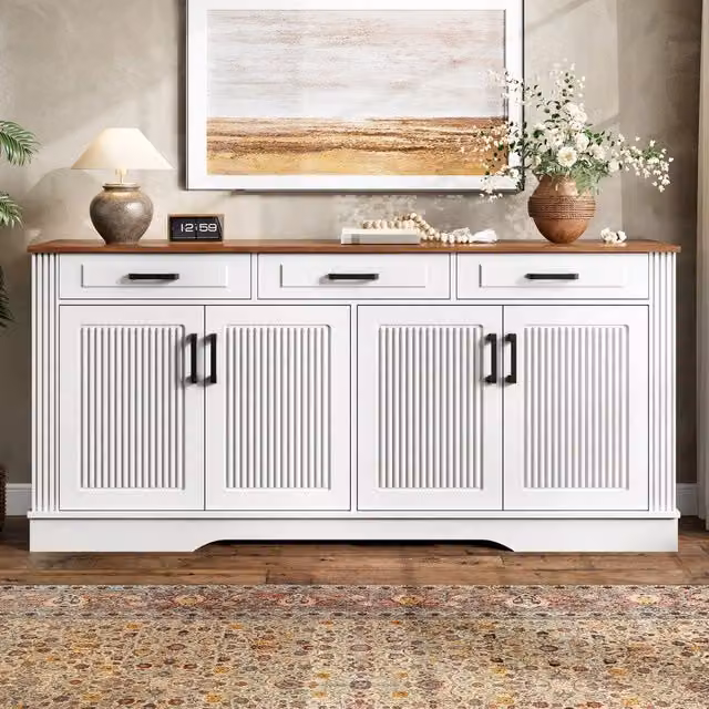 Consolle Minimal con 3 cassetti e 4 ante in MDF Bianco effetto rovere per ingresso e soggiorno L: 100 cm, P: 40 cm, H: 75 cm – 1