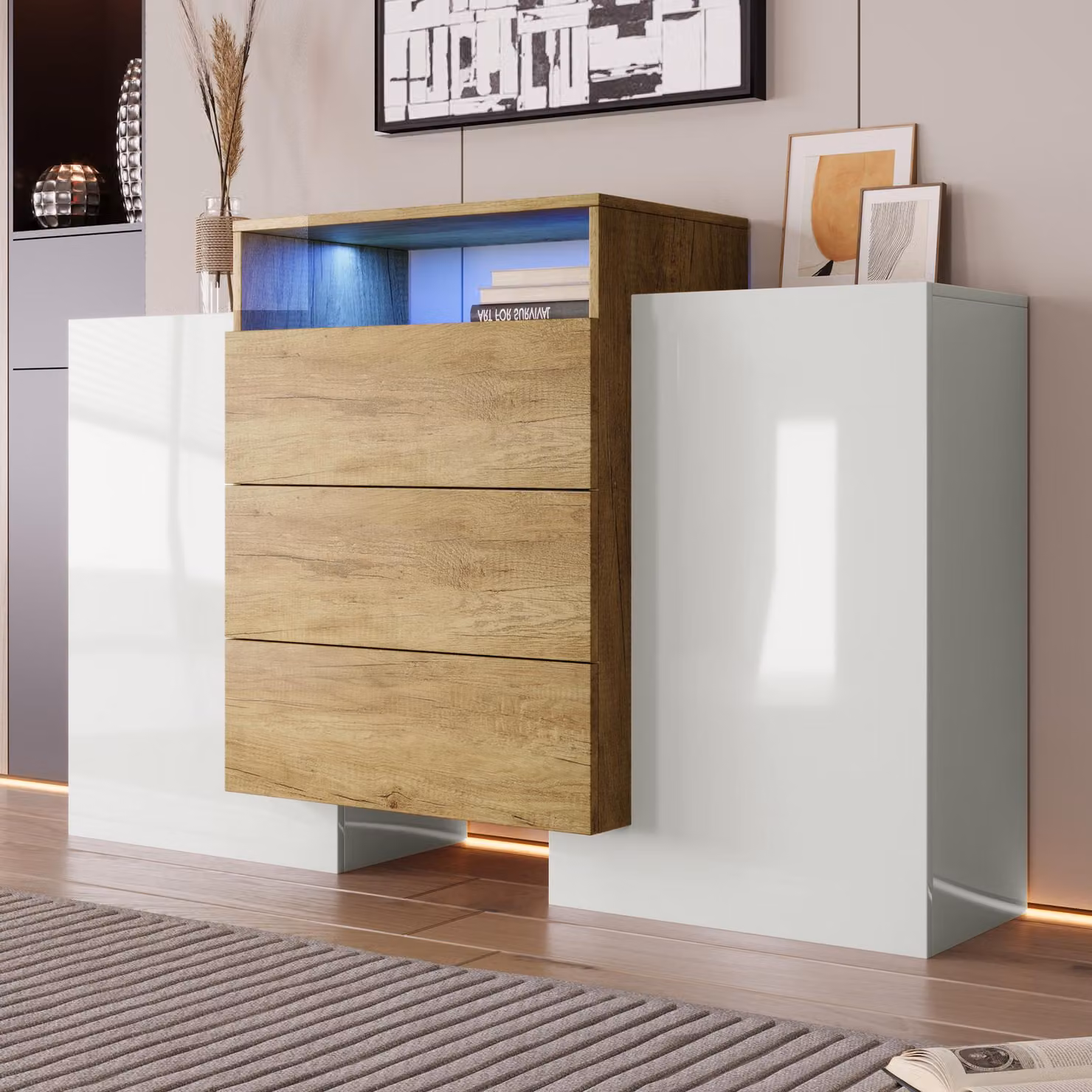 Credenza MODFU con cassetti, cassettiera, buffet, mobile multifunzionale, mobile da terra, bianco, 140 x 30 x 90,5 cm, legno