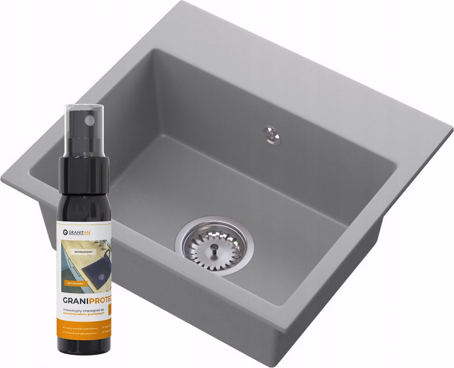 Granitan - Lavello in granito - Lavello da cucina - 45x42 cm - Grigio - con sifone - Lavello - MINI