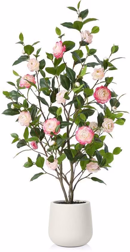 Cespuglio di camelia artificiale da 120 cm in vaso di Vetroceramica bianca con 30 fiori, per soggiorno, ufficio, balcone, giardino, decorazione