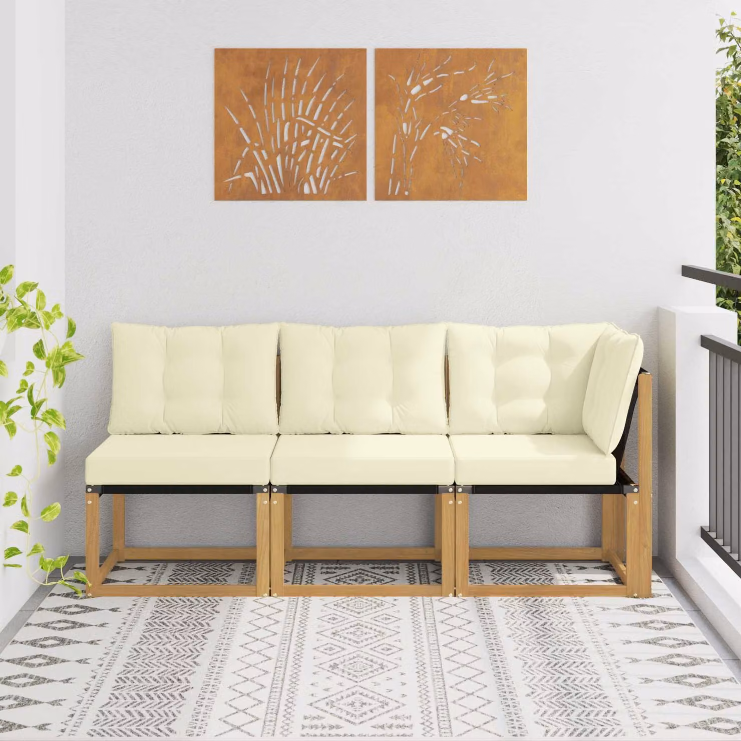 Set di divano modulare da esterno e angolare vidaXL in legno di acacia con cuscini in tessuto beige e bianco