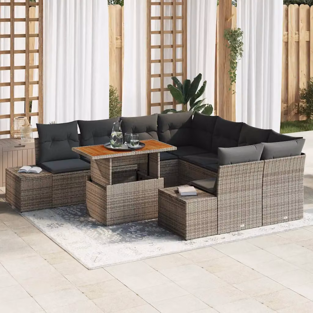 Set Divano da Giardino vidaXL a Forma a U in Rattan Grigio con Cuscini e Struttura in Metallo – 1