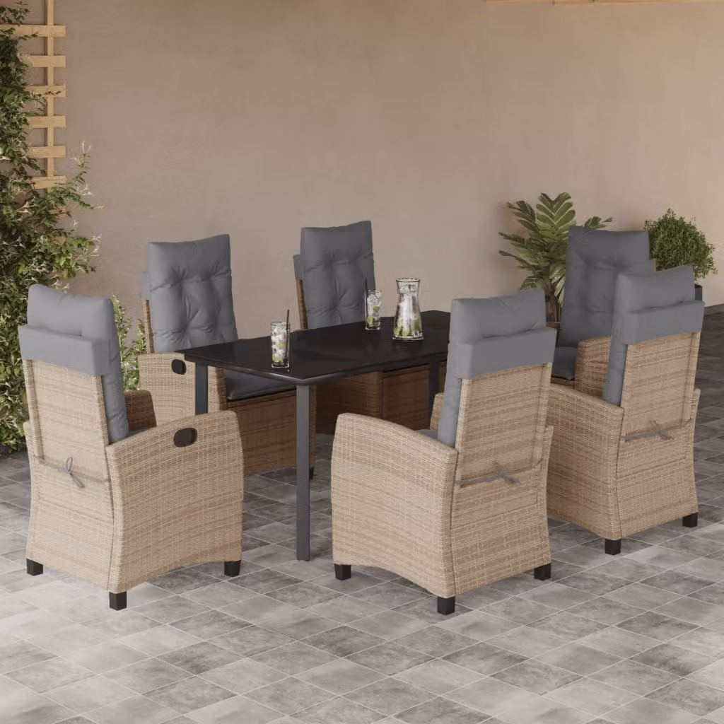 Set Pranzo da Giardino vidaXL in Polyrattan con Cuscini e Tavolo in Vetro, 7 Pezzi, Colore Beige Misto – 1