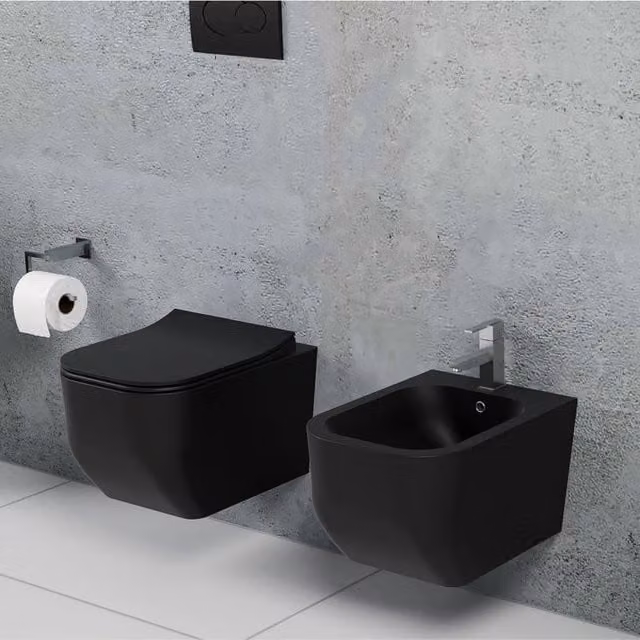 Coppia di sanitari wc e bidet sospesi ceramica nera SICENA SQUARED