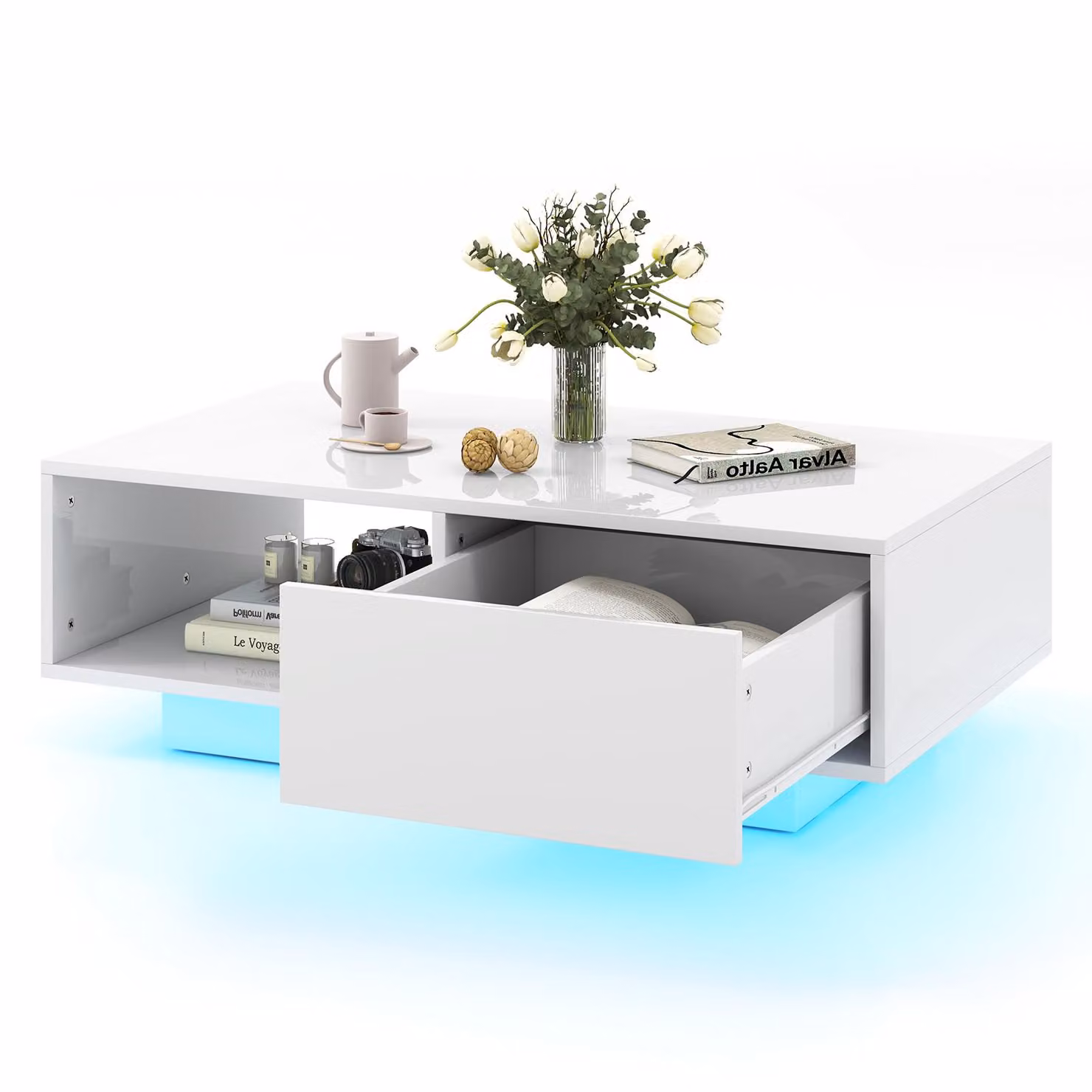Tavolino COSTWAY con 20 luci LED colorate, 9 modalità di luminosità, telecomando, tavolino 95x55x31cm, bianco