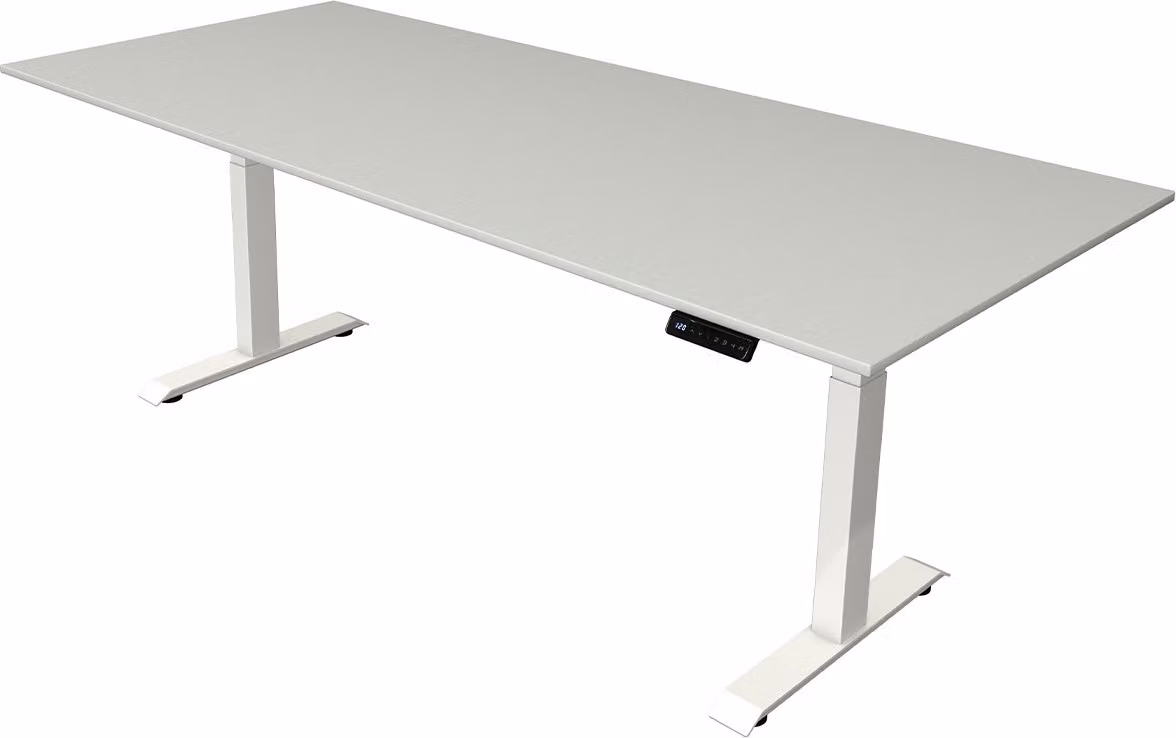Scrivania Kerkmann Move 4 regolabile in altezza elettricamente, grigio chiaro, rettangolare, con base a T argento, 225,0 x 100,0 cm