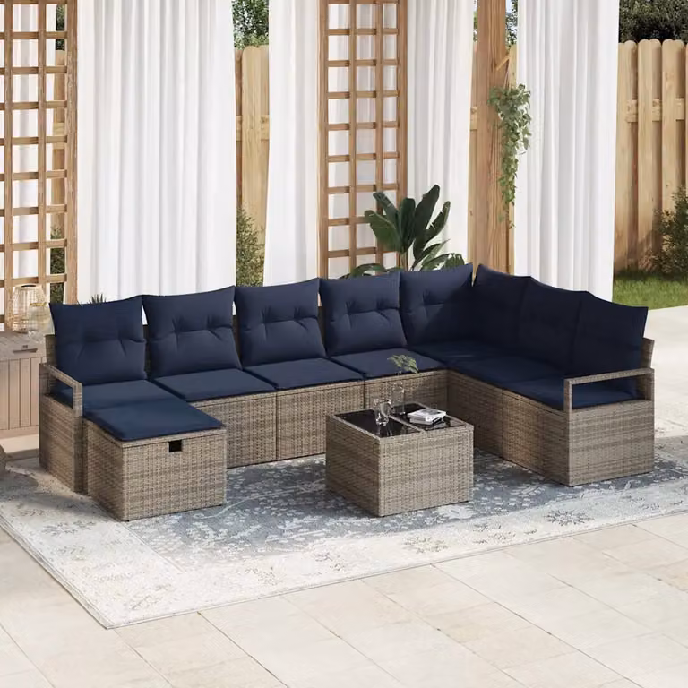 Set di divani da giardino vidaXL 9 pz in rattan con struttura in metallo e cuscini inclusi, colore grigio e blu