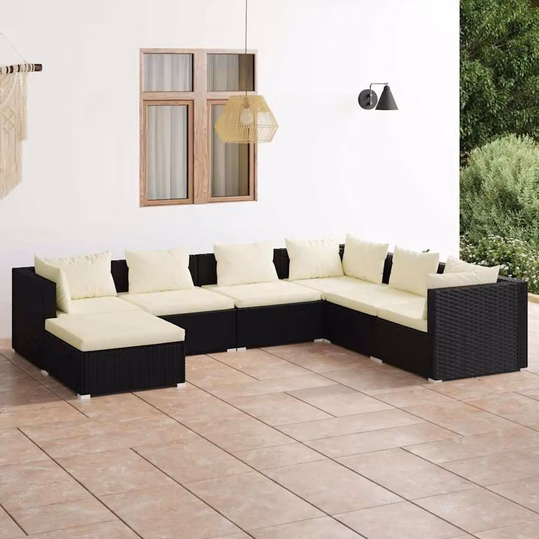 Set Salotto da Giardino vidaXL 7 pz a Forma di L con Cuscini Imbottiti e Coperture Rimovibili, Colore Nero e Beige